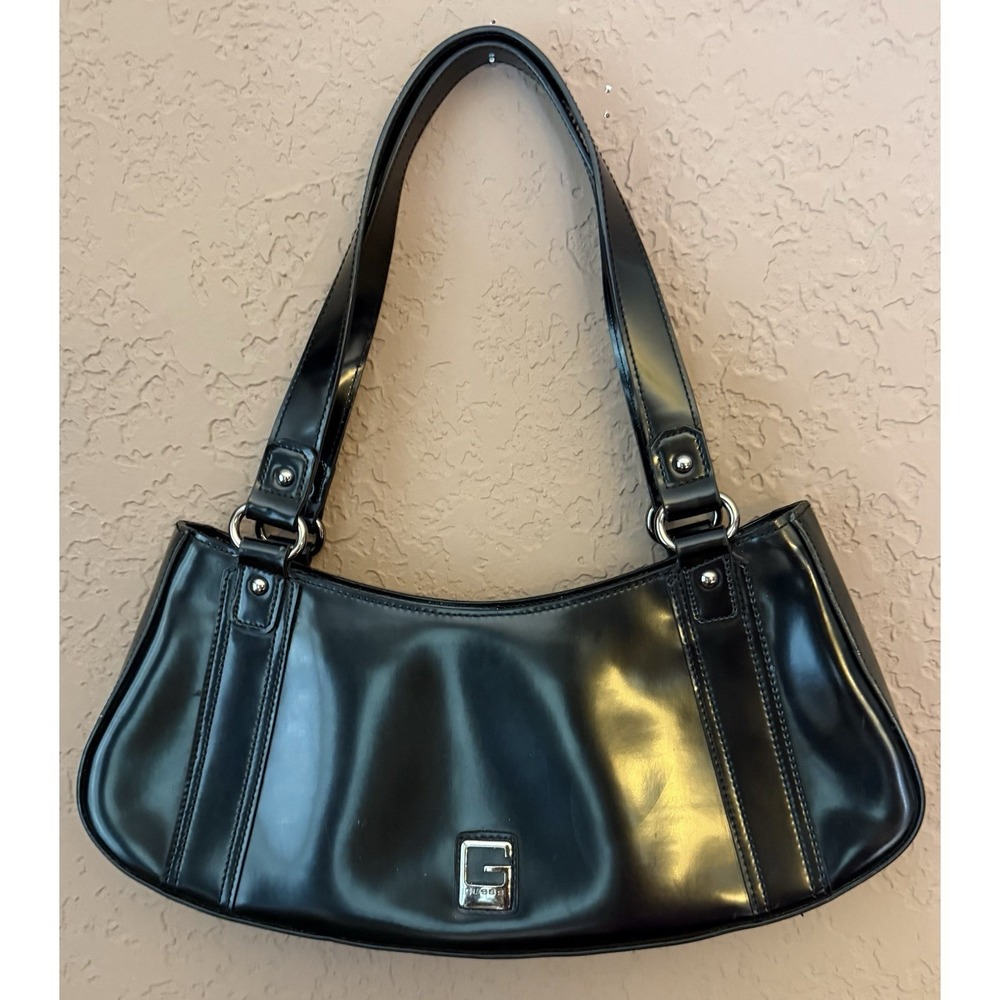 Guess Patent Faux Leather Black Y2k Double Handle Shoulder Bag Zip Close Boho